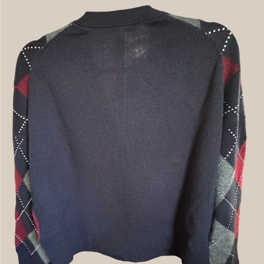 Maje Navy, Burgundy & Light Blue Argyle Wool Cardigan with Rhinestone Accents - Picture 4 of 4